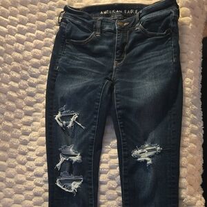 American Eagle Outfitters Women's Dark Blue Ripped Skinny Jeans
